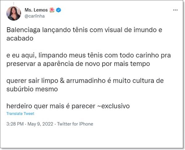 Print do Twitter com comentário sobre tênis da Balenciaga