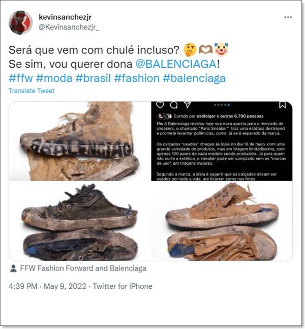 Print do Twitter com comentário sobre tênis da Balenciaga