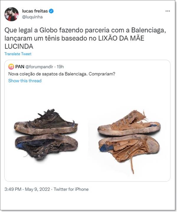 Print do Twitter com comentário sobre tênis da Balenciaga