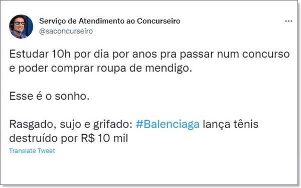 Print do Twitter com comentário sobre tênis da Balenciaga