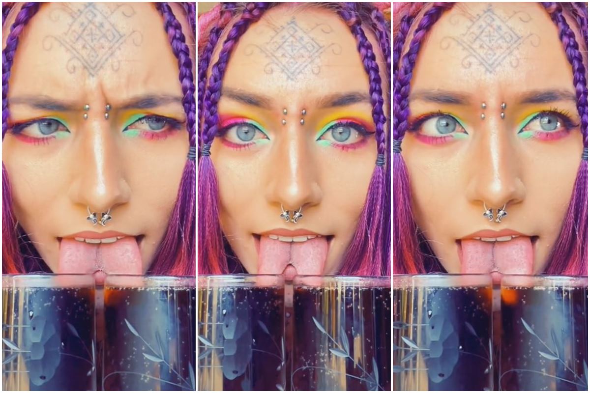 Mulher com língua dividida toma Coca e Pepsi ao mesmo tempo; vídeo