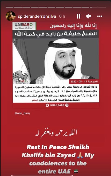 Anderson Silva lamenta morte de presidente dos Emirados Árabes, local onda faria luta de boxe neste fim de semana