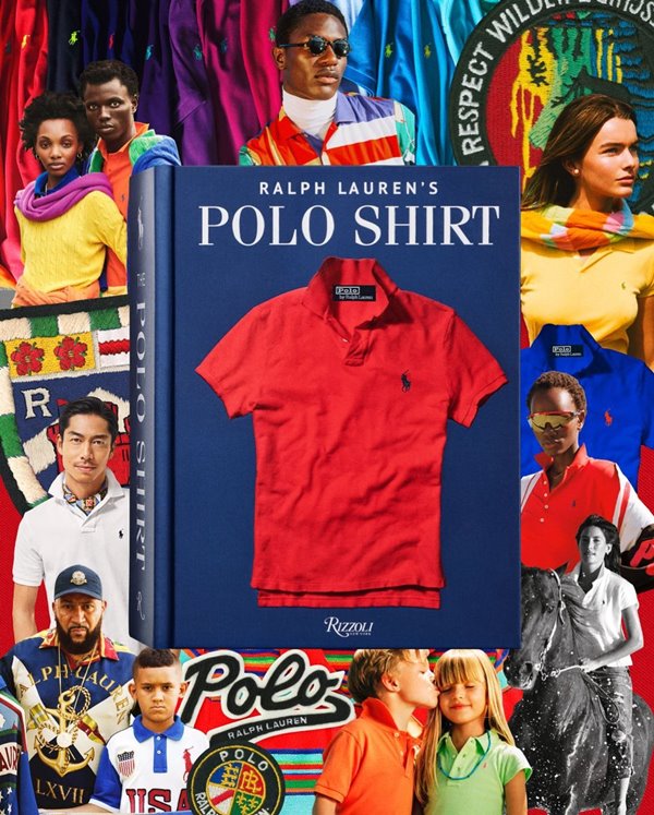 Cartaz de propaganda o livro Ralph Lauren's Polo Shirt, que conta a história da camisa polo, inventada pela marca Ralph Lauren. O livro possui a capa azul com uma camisa polo vermelho.