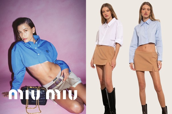 Modelos brancas e louras com roupas semelhantes: usam uma camisa com botões azul curta, que mostra a barriga, e uma mini saia bege