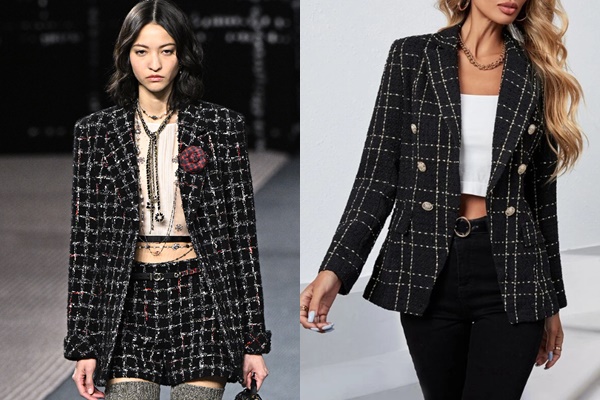 Comparação entre um produto original e outro falsificado. A peça em questão é um blazer preto, no tecido tweed, com listras bem discretas brancas. A marca que a desenhou foi a Chanel e a Shein copiou