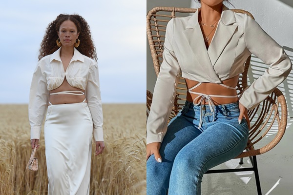 Comparação entre um produto original e outro falsificado. A peça em questão é um blazer bege cropped, ou seja, curto, com tiras para amarrar na cintura. A marca que a desenhou foi a Jacquemus e a Shein copiou