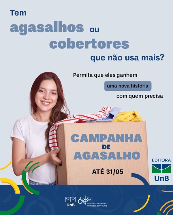 Arte da Editora da UnB da campanha de agasalhos e cobertores para pessoas em situação de rua