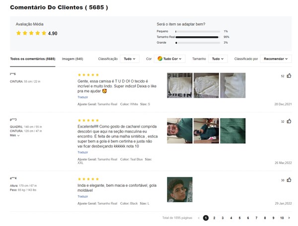 Print do site de roupa chines Shein, onde é possível ver os comentários dos clientes sobre as peças de roupas compradas