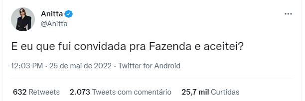 Anitta diz que foi convidada para A Fazenda e aceitou convite