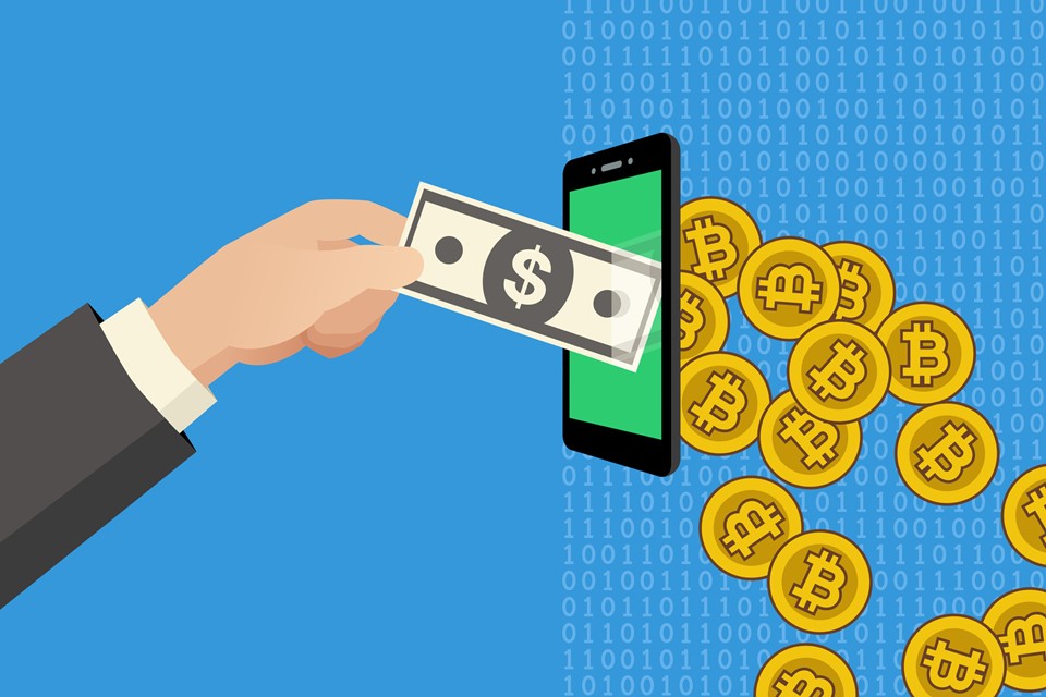 Ilustração de pessoa colocando cédula em celular de um lado e bitcoins saindo do aparelho de outro sob fundo azul - Metrópoles