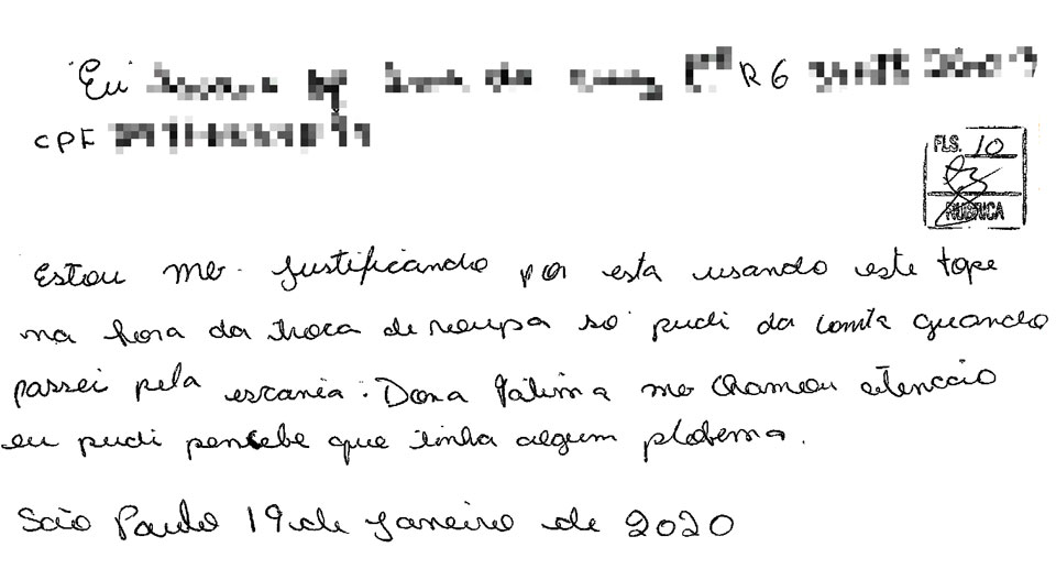 Carta escrita pela mãe do preso para justificar uso de sutiã com fecho de metal