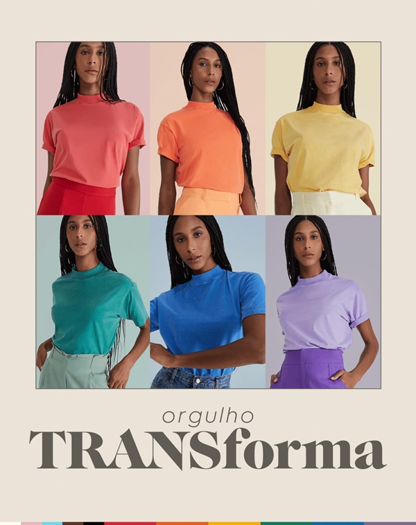 Camisetas da Amaro em homenagem ao mês do Orgulho LGBTQIA+. Cada uma é de uma cor e, juntas, elas formam o arco-íris. 