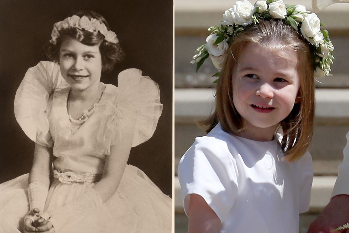 Foto em preto em branco de menina sentada. Ao lado, tronco de menina com uma coroa de flores na cabeça