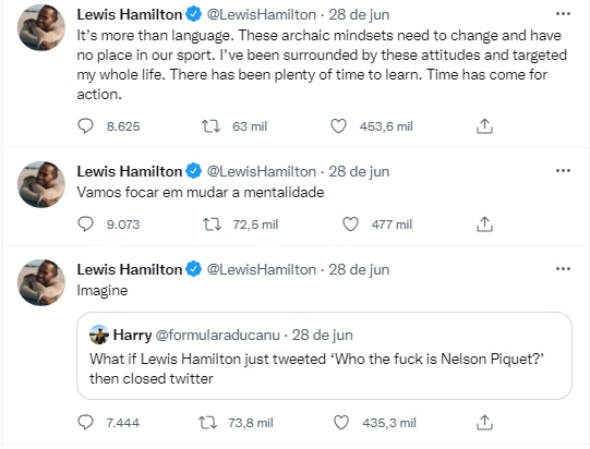 Lewis Hamilton se pronuncia no Twitter sobre caso de racismo