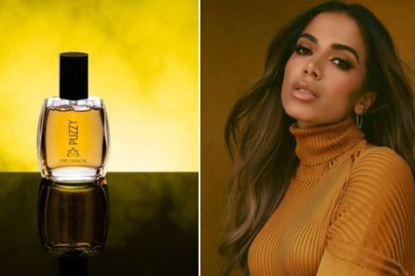 duas imagens: à esquerda, perfume puzzy by anitta, e à direita, fotografia da cantora Anitta