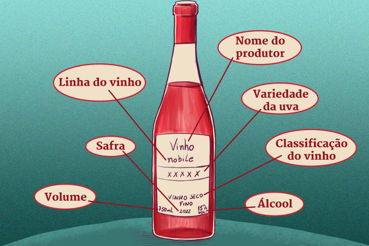 Ilustração colorida de uma garrafa de vinho onde tem um rótulo e setas indicando o que significam cada informação