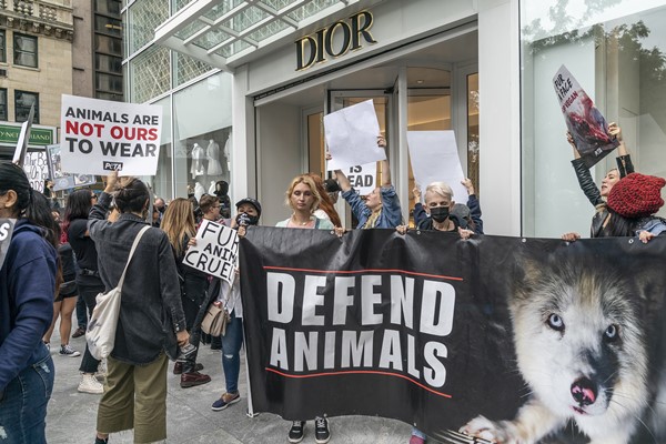 Manifestantes protestando na França em frente a uma loja da marca de luxo Dior. Eles reinvidicam que as empresas parem de usar pele animal para fabricar roupas e acessórios