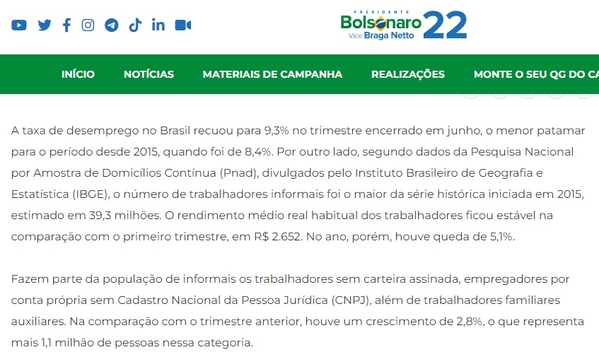 Print do site da campanha de Bolsonaro tratando da informalidade no mercado de trabalho