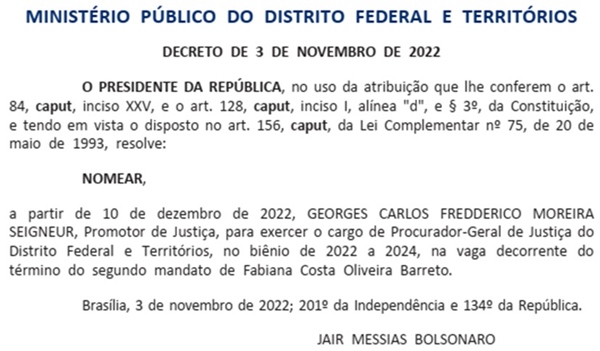 Publicação do Diário Oficial da União com o nome de Georges Seigneur como novo procurador-geral de Justiça do DF