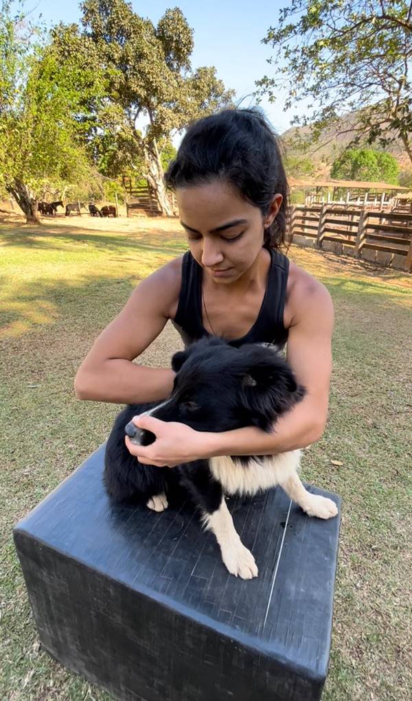 Foto colorida de uma mulher segurando um cachorro 