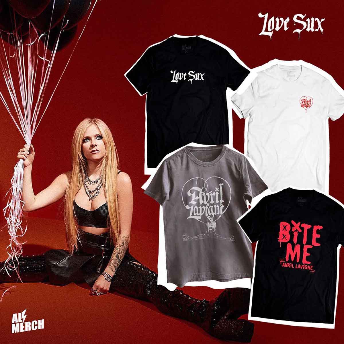 Ilustração que mostra a cantora Avril Lavigne, uma mulher branca, loira e jovem, sentada no chão segurando balões. Ao lado é possível ver camisetas com letras de músicas da Avril.