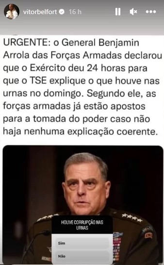 Fake News "Benjamin Arrola" compartilhada no Instagram do lutador Vitor Belfort