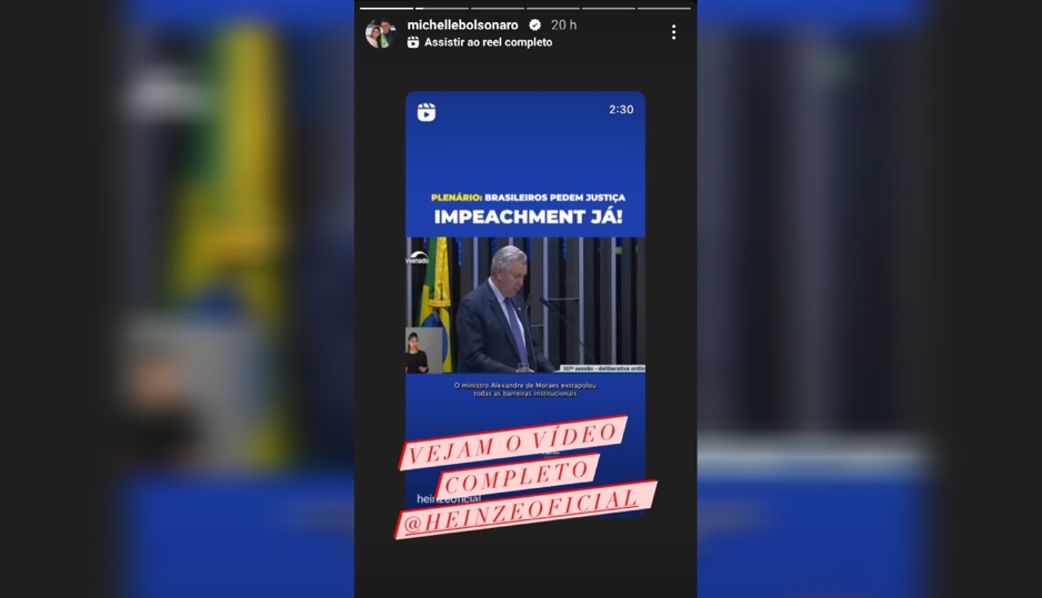 Print de mensagem compartilhada por Michelle Bolsonaro com a defesa do impeachment de Alexandre de Moraes