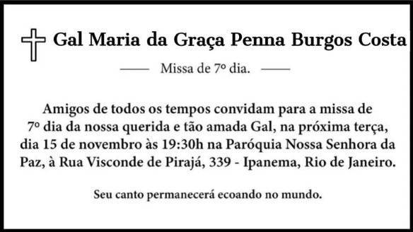 Convite para missa do sétimo dia Gal Costa - Metrópoles