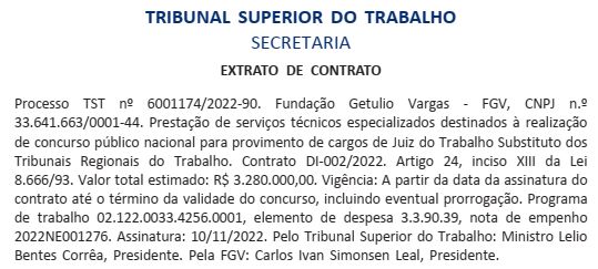 Trecho do Diário Oficial da União de 16 de novembro de 2022, sobre concurso do Tribunal Superior do Trabalho