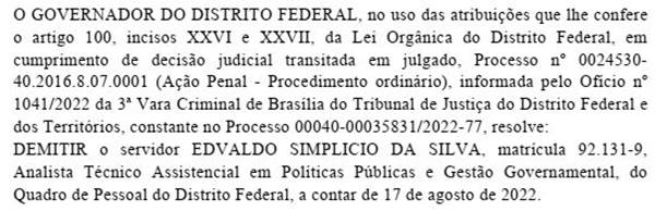 Documento demissão no DODF