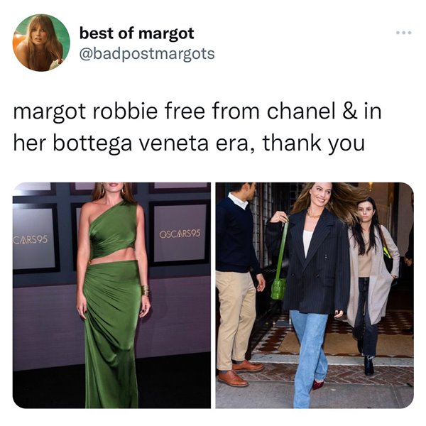 Na imagem com cor, print do Instagram que comenta sobre os novos looks de Margot Robbie - Metrópoles