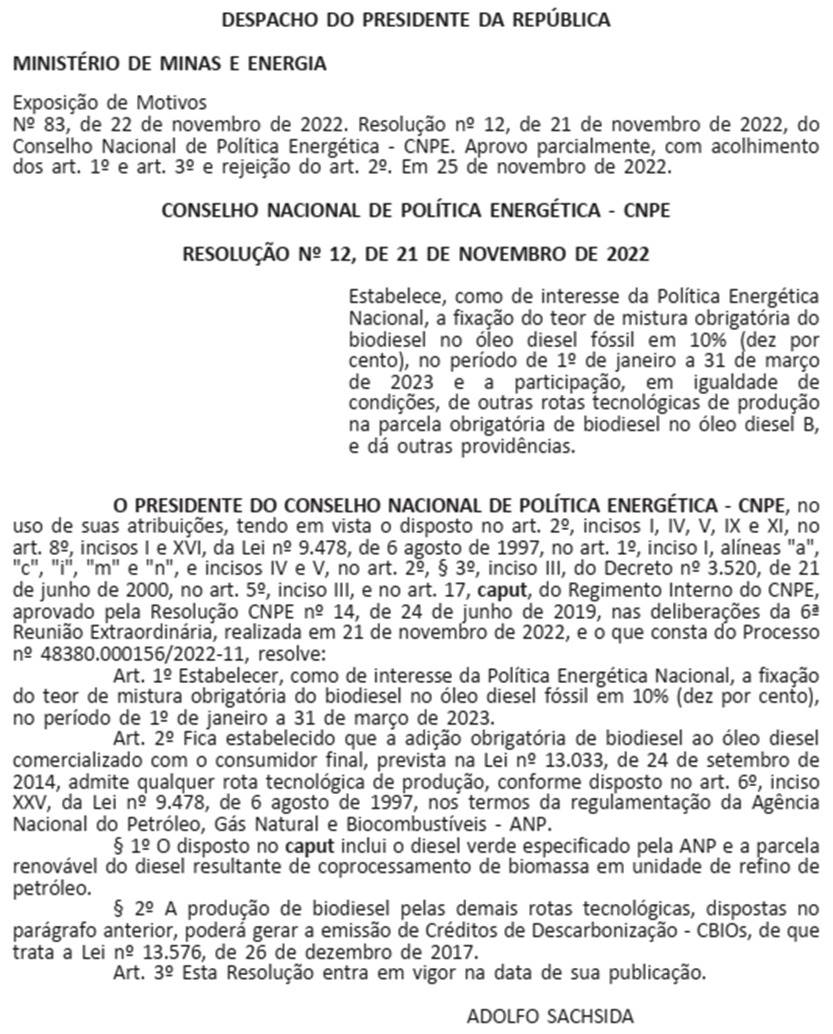 Publicação no Diário Oficial da União sobre biodiesel