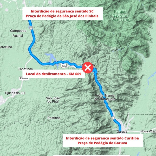 Ilustração colorida mostra interdições no Paraná e em Santa Catarina por causa de deslizamento - Metrópoles