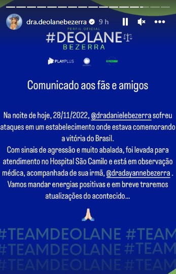 Print de comunicado do Instagram de Deolane Bezerra - Metrópoles