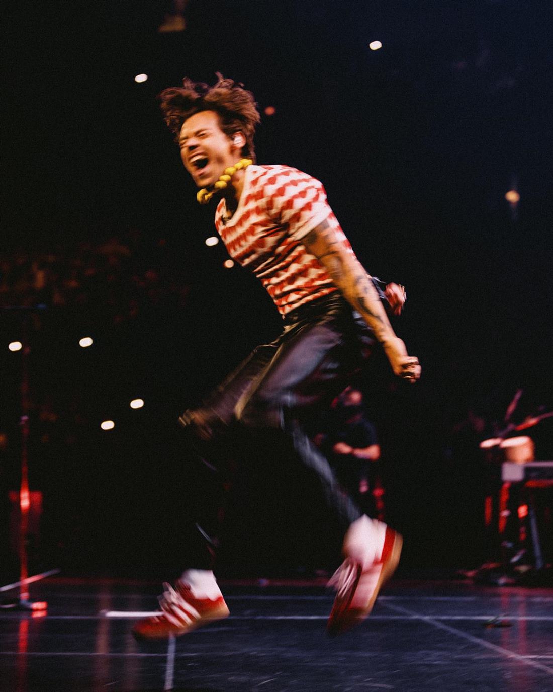 O cantor Harry Styles, um homem jovem, branco, com cabelo liso castanho, está cantando e dançando durante um show. Ele usa uma camiseta listrada vermelha e brancaa, calça preta e um tênis vermelho da Adidas. - Metrópoles