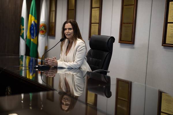 Fotografia colorida de mulher sentada em mesa com microfone à frente e bandeiras ao fundo