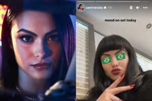 Camila Mendes em Riverdale e, à direita, torcendo pelo Brasil