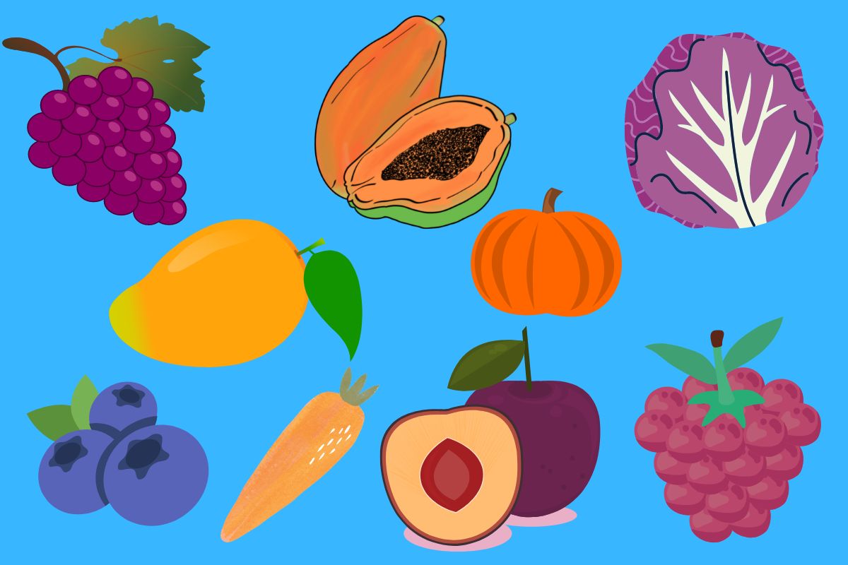 Desenhos de frutas e verduras com a cor azul ao fundo - Metrópoles