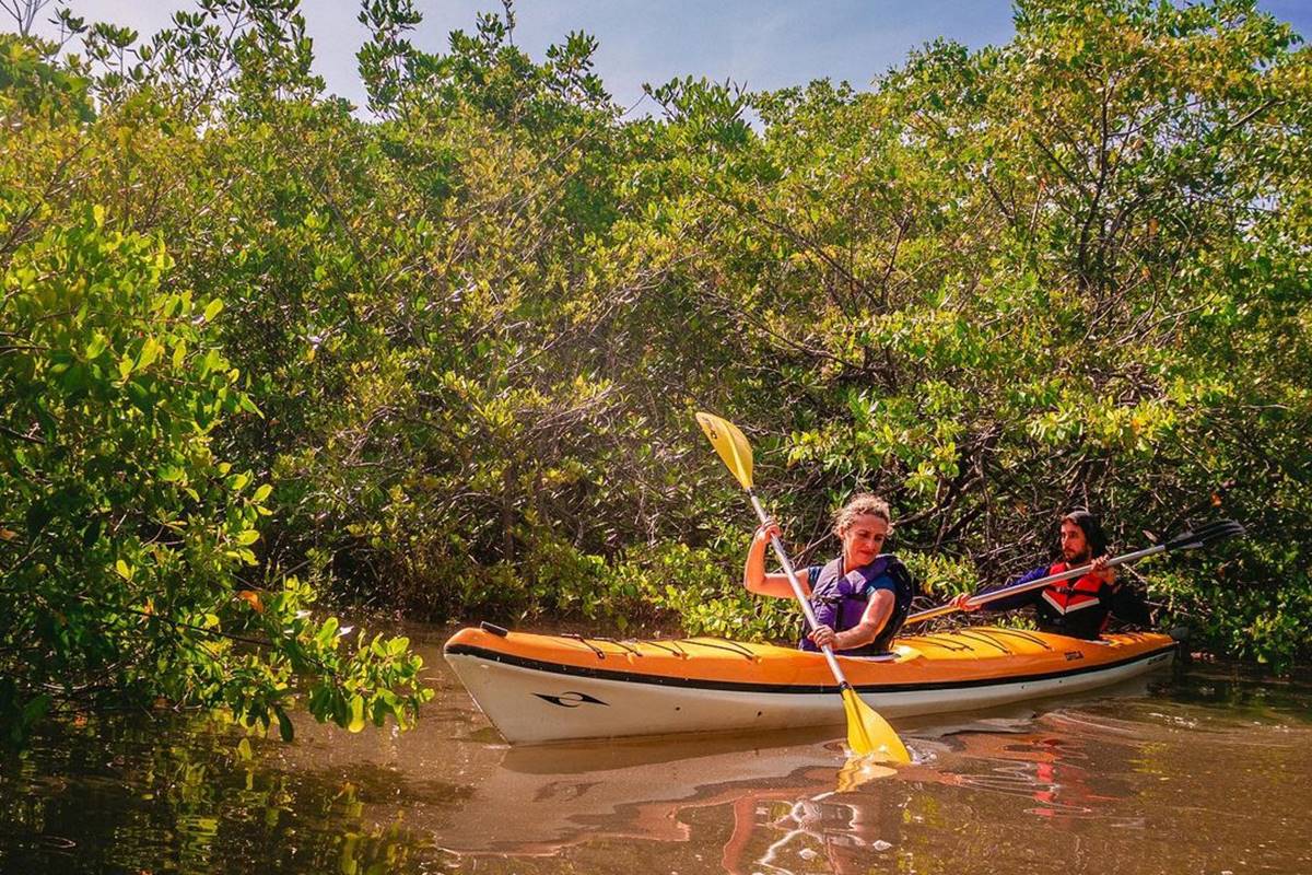 Foto colorida de mulher e homem em um passeio de caiaque por um rio e mata ao fundo - Metrópoles