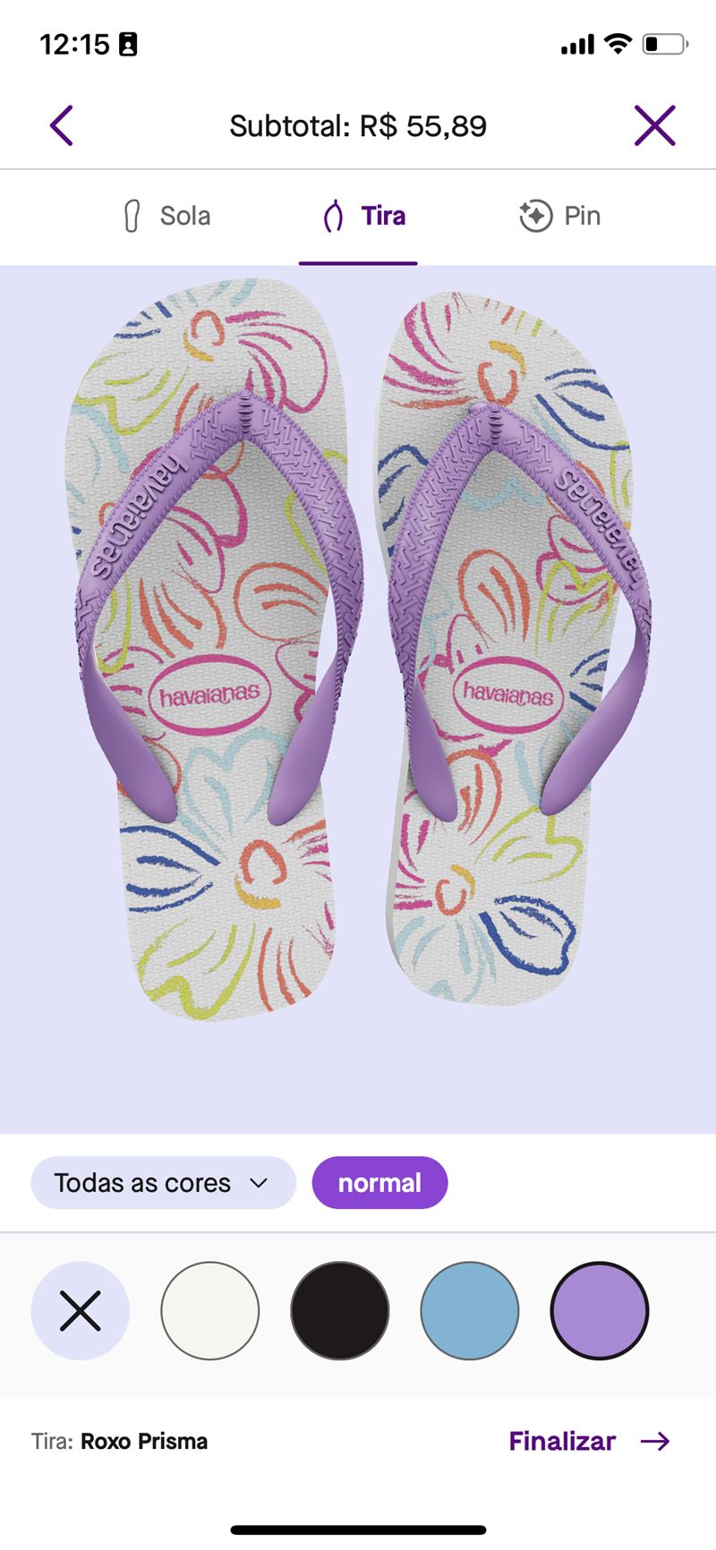 Foto de reprodução do aplicativo da marca Havaianas. No aplicativo é possível customizar o chinelo para o seu gosto pessoal e realizar a compra ali mesmo. - Metrópoles