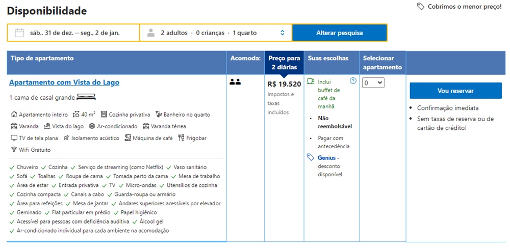 Printscreen do site Booking, de reservas de hospedagem e passagem área, em busca para diárias de hóteis em Brasília na virada de 2022 para 2023