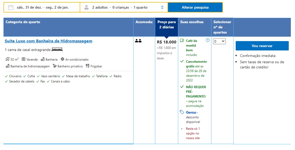 Printscreen do site Booking, de reservas de hospedagem e passagem área, em busca para diárias de hóteis em Brasília na virada de 2022 para 2023