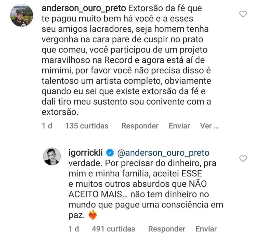 Igor Rickli diz que rejeita voltar à Record "por todo dinheiro do mundo"