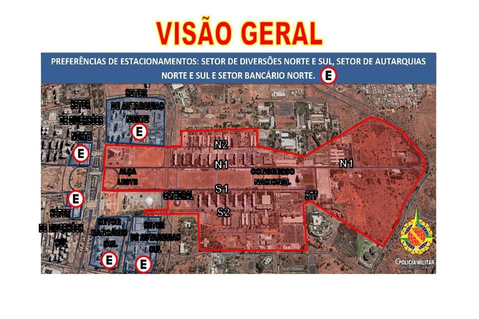 Mapa da Esplanada dos Ministérios, com detalhes sobre locais bloqueados - Metrópoles