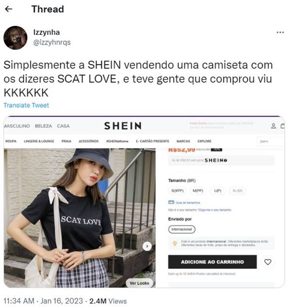 Print de post do Twitter sobre polêmica da Shein - Metrópoles