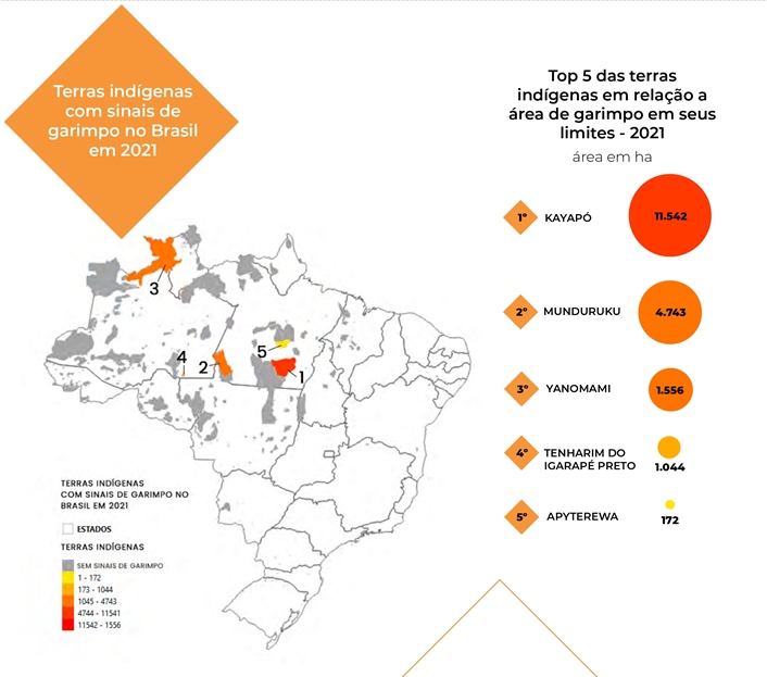 Desenho colorido com a delimitação de garimpo ilegais dentro de terras indígenas - Metrópoles