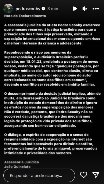 Stories do surfista Pedro Scooby se manifestando através de sua assessoria jurídica após mover processo contra sua ex-mulher, Luana Piovani - Metrópoles