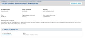 captura de tela de site mostra nota de empenho