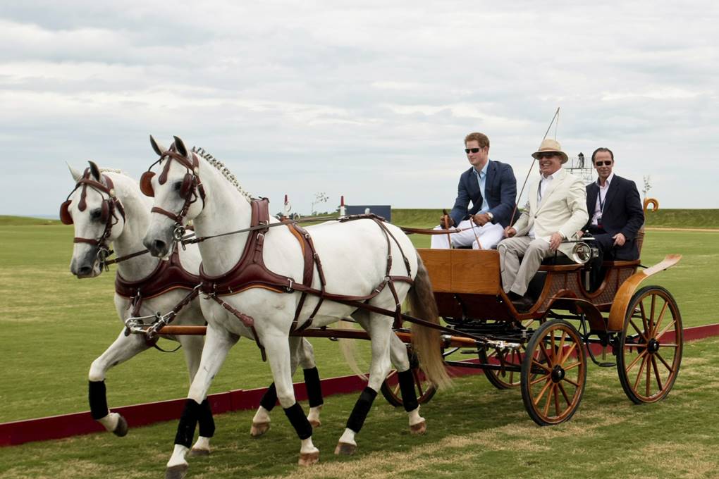 Príncipe Harry chega para jogo de polo em uma carruagem 