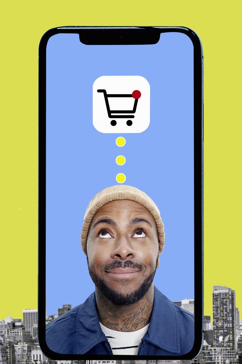 Montagem de foto e ilustração com rosto de homem negro em tela do celular com um balão de pensamento com o desenho de um carrinho de supermercado - Metrópoles